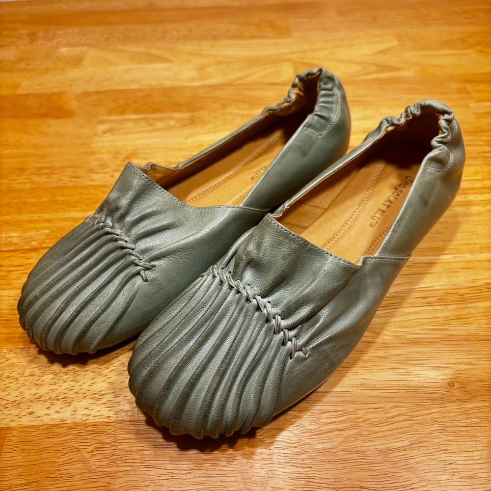 Chocolat Blu shale green pintuck leather flats